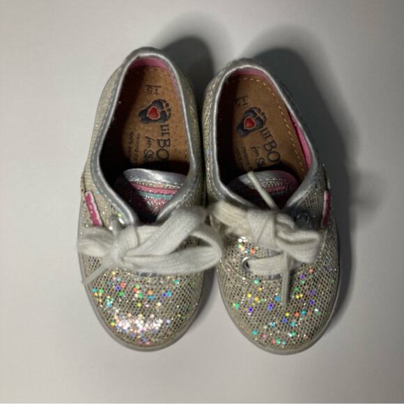 BOBS from Skechers Lil Bob’s Silver Sparkly Sequin Lace Up Sneakers Shoes - Picture 2 of 8